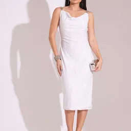 Globus Women White Cowl Neck Metal Shoulder Straps Side Slits Lace Bodycon Midi Dress-picture-31