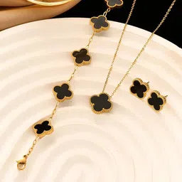 Designs & You Gold Plated Stone Studded Anti Tarnish Clover Jewellery Set-picture-42