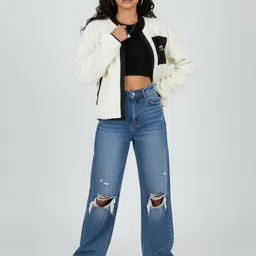 glitchez Relaxed Fit Sherpa Jacket with Chest Pocket and Contrasting Edges image 5