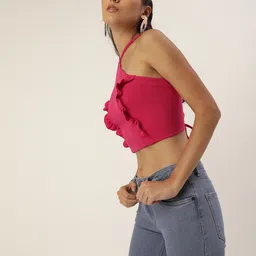 Veni Vidi Vici Classy Fuchsia Ruffled Tie-Up Crop Top image 2