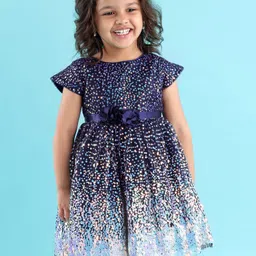 Babyhug Cap Sleeves All Over Sequinned Party Frock - Navy-picture-28