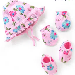 Babyoye  100% Cotton With Eco Jiva Finish Caps, Gloves & Mittens Floral Print - Pink image 1