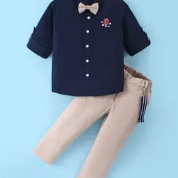 Mark & Mia Full Sleeves Solid Colour Shirt & Trouser Set  with Hot Air Balloon Embroidery Bow & Suspender - Navy Blue & Beige-picture-26