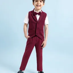 Babyhug Woven Full Sleeves Solid Colour 3 Piece Party Suit with Bow - Maroon & White-picture-11