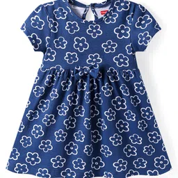 Babyhug Single Jersey Knit Half Sleeves Frock With Floral Print & Bow Applique - Blue-picture-14