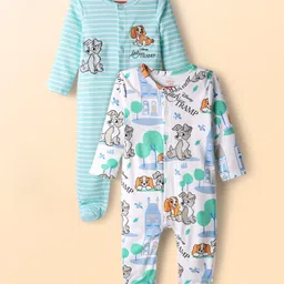Babyhug Disney Cotton Knit Full Sleeves Footed Sleep Suits with Lady and The Tramp Graphics Pack of 2 - Light Blue & White image 1