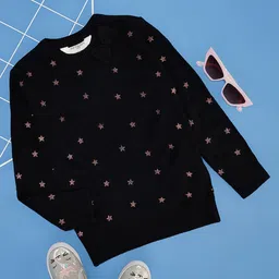 Pantaloons Junior Full Sleeves Bow & Foil Stars Designed Sweater - Black-picture-12