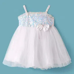Babyhug Woven Singlet Dress With Sequinned Yoke & Bow - White-picture-13