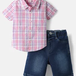 Babyhug Cotton Knit Half Sleeves Checks Shirt & Denim Shorts Set - Multicolor-image-13