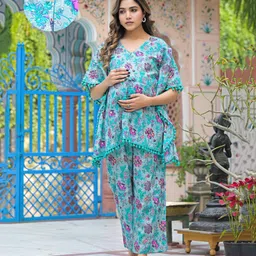 Aujjessa Cotton Batwing Sleeves Floral Printed & Lace Embellished Maternity Feeding Night Suit with Concealed Zipper Nursing Access - Turquoise Blue-picture-18