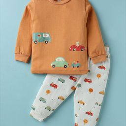 Pink Rabbit Interlock Knit Full Sleeves Night Suit with Vehicle Print - Orange-picture-47