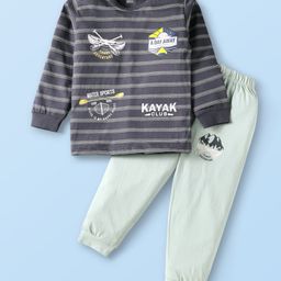 CUCUMBER Sinker Knit Full Sleeves Striped T-Shirt & Lounge Pant Set with Kayak Print - Charcoal Grey-picture-37