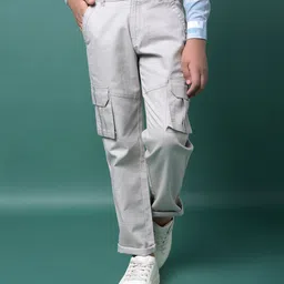 CRIMSOUNE CLUB Cotton Woven Solid Cargo Trousers - Grey-picture-17
