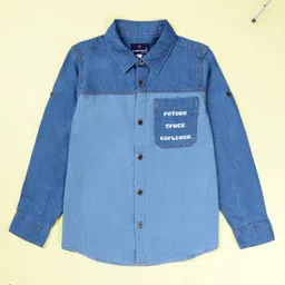 Kiddopanti Denim Woven Full Sleeves Future Space Explorer Text Printed Shirt - Light Blue-picture-12