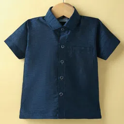 Dapper Dudes Half Sleeves Textured Shirt & Abstract Printed Mundu Lungi With Angavastram Set - Navy Blue image 2