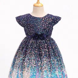 Babyhug Cap Sleeves All Over Sequinned Party Frock - Navy image 3