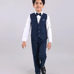 Robo Fry Full Sleeves 3 Piece Checks Party Suit With Bow - Navy Blue White image 3