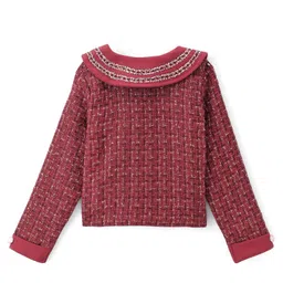 Mark & Mia Woven Full Sleeves Jacket with Pearl Embellishments & Dress with Lace Detailing - Maroon image 3