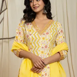 Ruaati Women Ethnic Motifs Printed Regular Mirror Work Pure Cotton Kurta with Palazzos & With Dupatta image 3