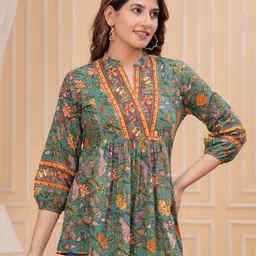 KALINI Floral Print Mandarin Collar Cotton Top image 3