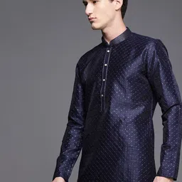 Manyavar Men Navy Blue & Golden Ethnic Motifs Embroidered Sequinned Kurta with Churidar image 1