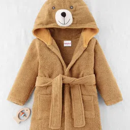 Babyhug Woven Terry Full Sleeves Hooded Bath Robe Teddy Design - Brown-image-87