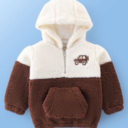 Babyoye 100% Cotton Solid Dyed Full Sleeves Hooded Sweater with Cut & Sew Design - Brown & White-picture-34