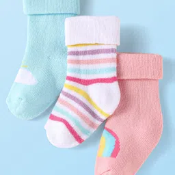 Cute Walk By Babyhug Knit Anti-Bacterial Ankle Length Socks With Rainbow & Stripe Design Pack Of 3 - Pink White Light Blue-picture-36
