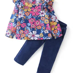 Babyhug Single Jersey Knit Full Sleeves Top & Leggings Set with Floral Print & Frill Detailing - Navy Blue-picture-21