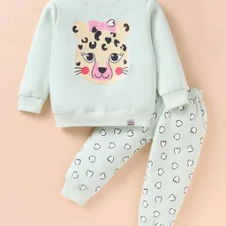 Teddy Fleece Knit Full Sleeves Winter Wear Sweatshirt & Lounge Pant Set With Hearts & Animal Print - Light Green-picture-18
