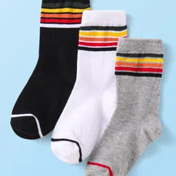 Cute Walk By Babyhug Cotton Knit Anti-Bacterial Ankle Length Solid Socks With Stripe Design Pack of 3 - White Black & Grey-picture-19