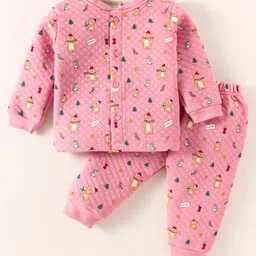 Ollypop Knit Full Sleeves Winter Night Suit With Christmas Theme Print - Pink image 1