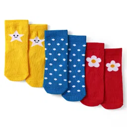 Cute Walk by Babyhug Knit Ankle Length Antibacterial Socks with Star Polka Dots & Floral Design Pack of 3 - Yellow Blue & Red-image-47