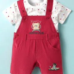 ToffyHouse 100% Cotton Knit Dungaree & Half Sleeves Inner T-Shirt with Bear Print & Embroidery - Red & White-picture-21