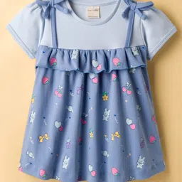 CUCUMBER Sinker Knit Half Sleeves Frock With Floral Print - Light Blue-picture-12