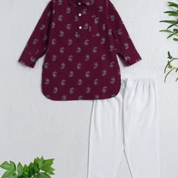 The Magic Wand Cotton Woven Full Sleeves Floral Printed Kurta & Pyjama Set - Wine-picture-27