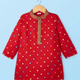 Babyhug Woven Full Sleeves Kurta Pajama Set With Mirror Embroidery - Red & White image 2