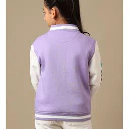 Kidsville Knit Full Sleeves Unicorn Printed Varsity Jacket - Purple & Off White image 3
