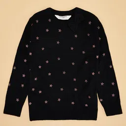 Pantaloons Junior Full Sleeves Bow & Foil Stars Designed Sweater - Black image 3