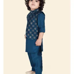 little desi Silk Woven Full Sleeves Solid Kurta Pyjama With Check Sequins Embellished & Threadwork Embroidered Jacket Set - Peacock image 4