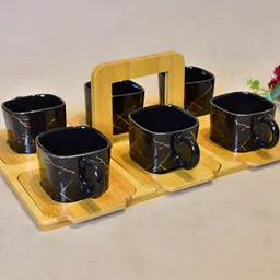 THE HOME CO. Black And Gold-toned 6 Pieces Ceramic Matte Cups & Bamboo Tray 300.0 ML-picture-29