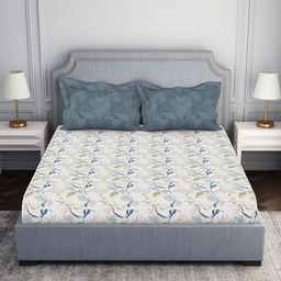 SPACES White & Blue Floral Printed Pure Cotton 144 TC Queen Bedsheet with 2 Pillow Covers-picture-8