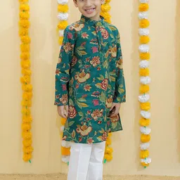 UNBIND Boys Floral Printed Regular Pure Cotton Kurta with Pyjamas image 3