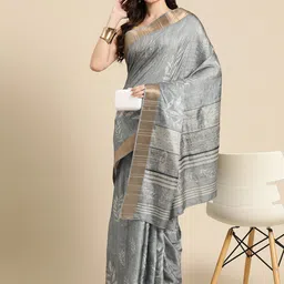 Silk Land Floral Printed Zari Block Print Saree-image-71