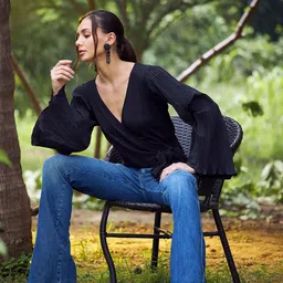 Athena Black Accordion Pleats Flared Sleeves Wrap Top image 3