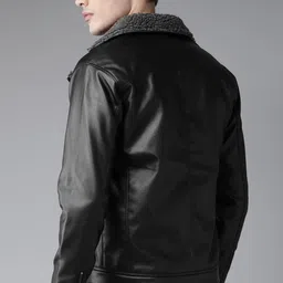 Roadster Men Black Solid Biker Jacket image 4