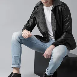 Roadster Men Black Solid Biker Jacket image 5