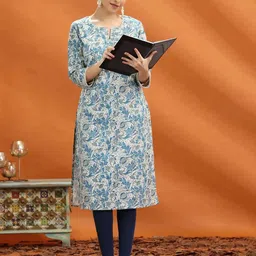 COTTON CULTURE Floral Printed Notch Neck Straight Cotton Kurta-image-89