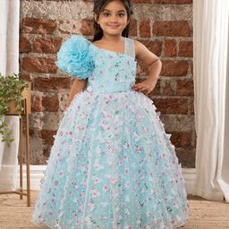 Ministitch One Shoulder Ruffled & Seamless 3D Flowers And Butterflies Embellished & Dobby Work Detailed Fit & Flare Ball Gown - Sky Blue-picture-33