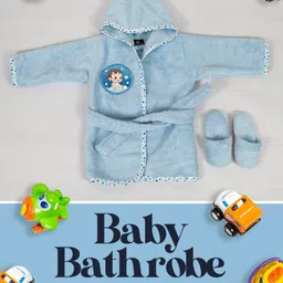 Rangoli Cotton Full Sleeves Baby Boy Patch Detailed Hooded Bath Robe With Attached Belt & Slippers Set - Blue-picture-15